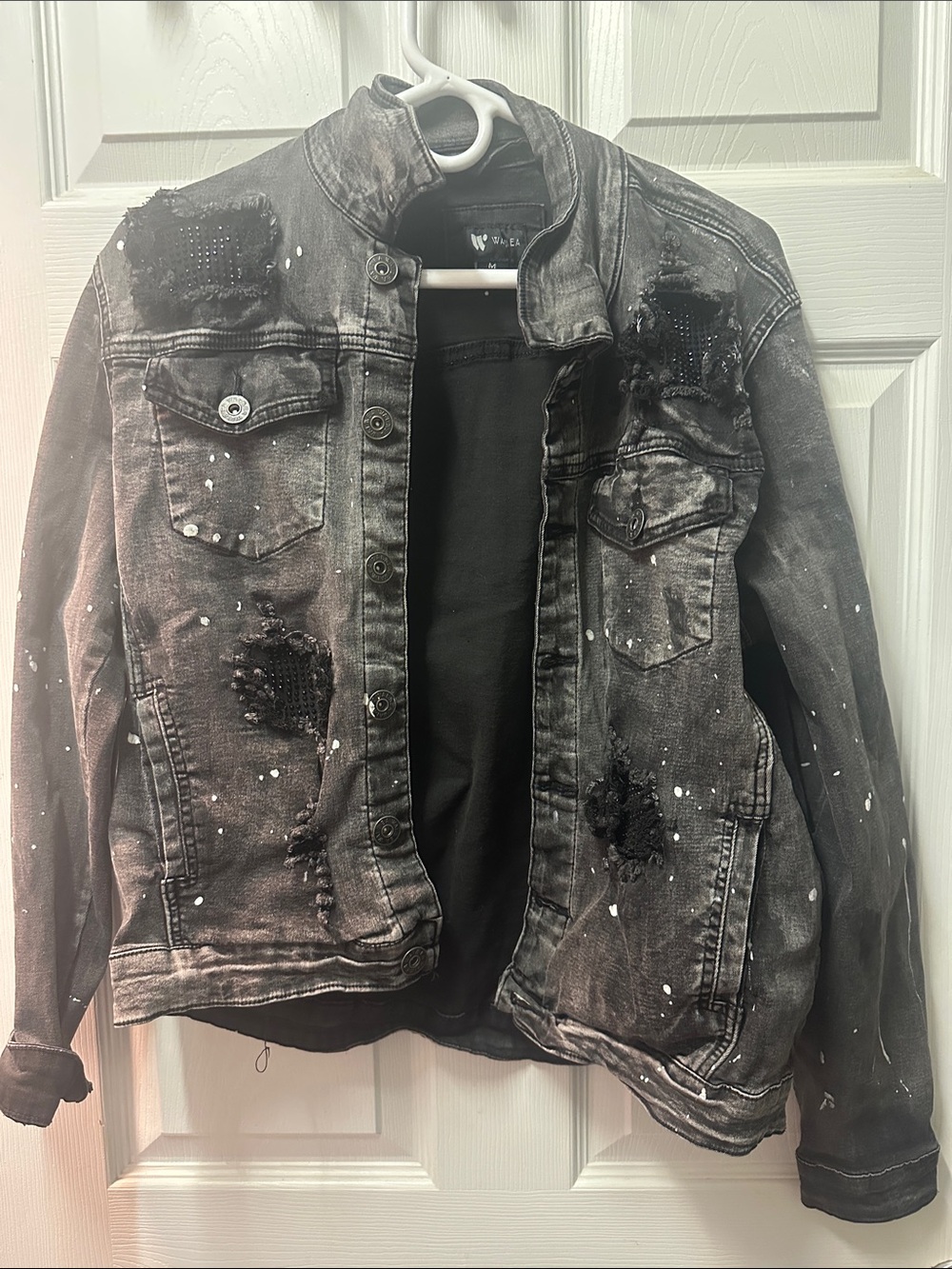 Men's Black Distressed Denim Bomber Jacket with Stud Detailing